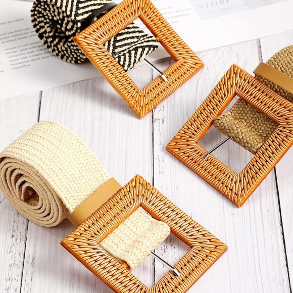 3 Pcs Straw Woven Belts Elastic Raffia Belts for Women 2025 Rattan Buckle Waist